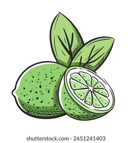 Limones con hojas dibujadas a mano aisladas sobre fondo blanco. Bosquejo de limas enteras y mitades. Antiguas diseño colorido. Ilustración vectorial