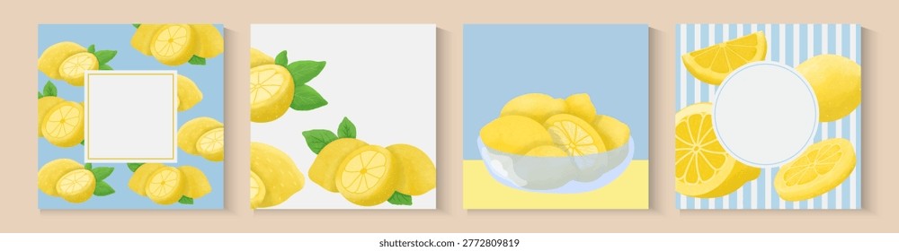 Lemons with leaves Illustration isolate background. summer lemon, blue pattern, postage stamp and Italian Mediterranean striped invitation for poster, background, print or card