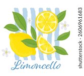 Lemons with leaves Illustration. Lemon plant. Template for cards, menus, flyers, posters. Vector hand drawn illustration.