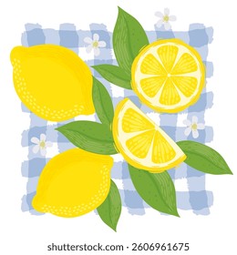 Lemons with leaves Illustration. Lemon plant. Template for cards, menus, flyers, posters. Vector hand drawn illustration.
