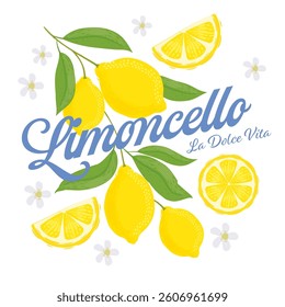 Lemons with leaves Illustration. Lemon plant. Template for cards, menus, flyers, posters. Vector hand drawn illustration.