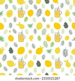 Lemones, hojas y limonada. Patrón de diseño de tejido sin fisuras en el verano