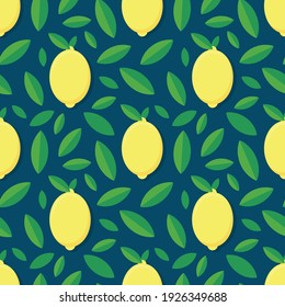 Lemons with leaves on deep blue seamless pattern. Vector illustration.