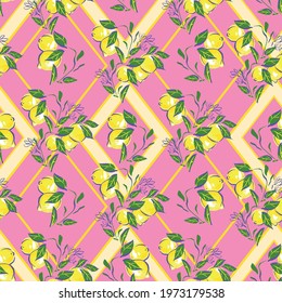 Lemons with leaves on pink background Seamless pattern. Trend design print for summer spring textile. Vector, illustration. Sketchy fruity.