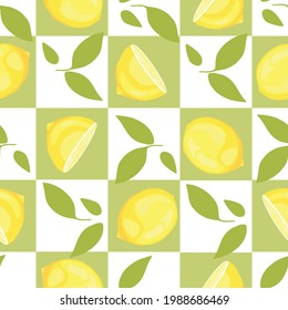 
Lemons with leaves on a pistachio background. Seamless pattern in a flat style. Vector illustration.
