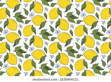 Lemons and leaves on white background. Hand drawn seamless pattern, groovy citrus design for fabric prints, invitations and wrapping paper.