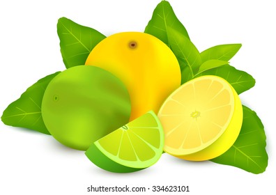 Lemons with leaves on a white background.