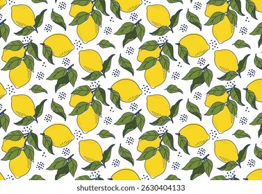 Lemons and leaves pattern on white background. Cute hand drawn seamless, groovy citrus design for fabric prints, invitations and wrapping paper.