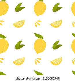 Lemons and leaves seamless pattern on white background. Digital paper with citrus lemons and half. Fresh cocktail background. Summer farmhouse digital paper.
