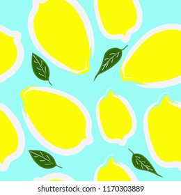 Lemons with leaves seamless pattern vector illustration on green blue background
