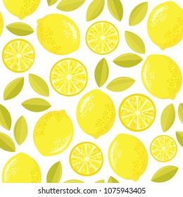 Lemons with leaves. Seamless vector pattern.