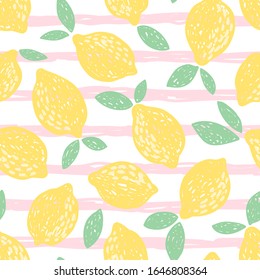 Lemons with leaves seamless vector pattern. Citrus on a pink stripes bacground. Great for printing fabric, wallpaper. Hand drawn scratch style. 