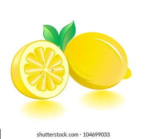 Lemons with leaves and shadows on the white. Vector.