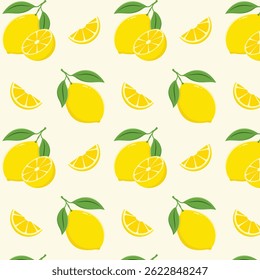 Lemons with leaves and slices seamless pattern, citrus fruit vector illustration. 