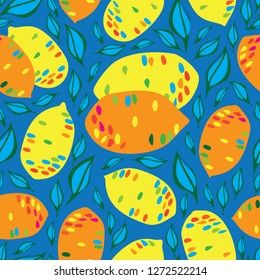 Lemons and Leaves-Fruit Delight seamless Repeat Pattern illustration .Background in yellow orange Red blue and Green.Delicate Pattern Background. Surface pattern Design