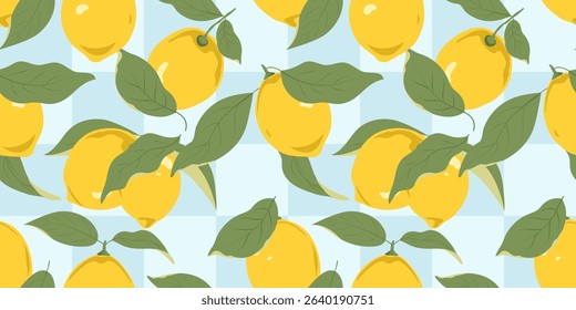 Lemons, lemon branches with leaves on a blue tile. Seamless pattern. Hand-drawn abstract flat background. Vector illustration.