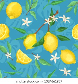 Lemons and lemon branches on a blue background. Seamless summer pattern