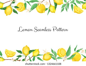 Lemons and lemon branches on a white background. Seamless summer pattern, menu frame