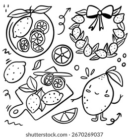 Lemons, lemon doodle set, lemon character, vector