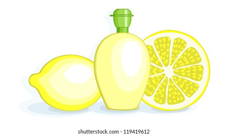 Lemons and Lemon Juice- Bright and colorful yellow lemons, slice, and lemon juice dispenser. Eye-catching vector illustration- all layers labeled for easy editing.