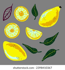 Lemons and lemon slices and leaves. Vector grainy set of texture elements, cartoon style, doodle, grunge texture, colored pencil, old paint, crayon, pastel, crayon. Vector collection.