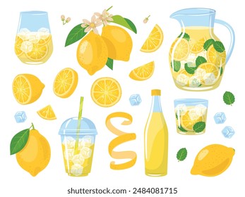 Lemons and lemonade. Juicy citrus fruits, refreshing sour homemade drink, decanter, glasses and bottle, tropic summer cold beverage with ice, cartoon flat style isolated vector set