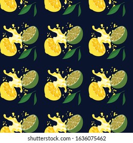 Lemons and lime seamless pattern on a dark background. Print