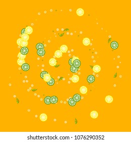 Lemons and limes on a yellow background. Fruit background. Cocktail. Fruit freshness. Citrus and ice. Bright summer background.