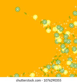 Lemons and limes on a yellow background. Fruit background. Cocktail. Fruit freshness. Citrus and ice. Bright summer background.