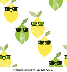 Lemons and limes. Seamless cartoon pattern on white. Vector. Perfect for wallpaper, wrapping, fabric and textile. 