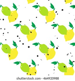 Lemons and limes seamless pattern  with hexagon dot on white background. Colorful vector illustration