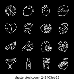 Lemons and limes, white line icons. Citrus fruits for culinary uses. Essential for food and nutrition themes. Symbols on black background. Editable stroke.