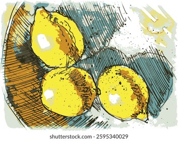 Lemons are lying on the table, drawings of lemons.
