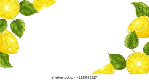 Lemons and mint leaves on a white background. Horizontal square frame with an empty text place. Banner, poster, print. Vector hand drawn illustration. Elements are not cropped