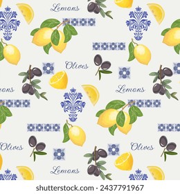 Lemons and olives in vector pattern.Vector seamless pattern with lemons, olives and decorative elements on a colored background.