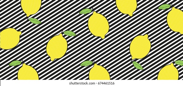 Lemons on black and white lines background. Vector illustration.