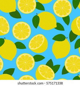 Lemons on a blue background. Seamless pattern. Vector illustration.
