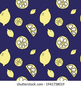 Lemons on a blue background for textiles or packaging