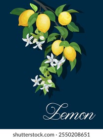 Lemons on a blue background.Vector illustration with a branch of lemons on a blue background with text.