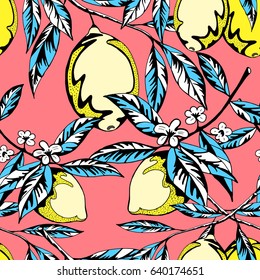 Lemons on the branch with flowers Hand drawn colored graphic seamless pattern. Element for wallpaper, textile print design, menu decoration, backdrop. Botanical illustration