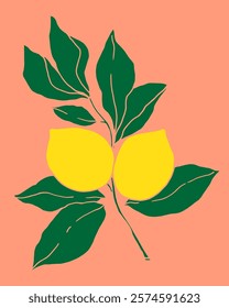 lemons on a branch with leaves, hand drawn, vector illustration on a peach color background