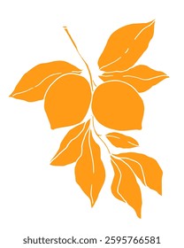 lemons on a branch with leaves, hand drawn, vector illustration of orange color silhouette on a white