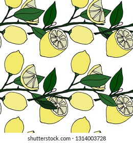 Lemons on branch. Seamless pattern.  Vector illustration.