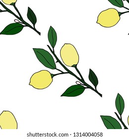 Lemons on branch. Seamless pattern.  Vector illustration.