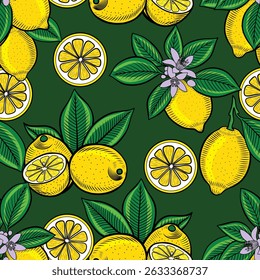 Citroenen op takken met bloemen en plakken vector naadloos kleurenpatroon in schetsstijl. Hand getrokken gele citrusvruchten met bladeren eindeloze achtergrond. Retro gravure voor behang en stof.