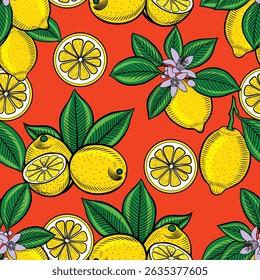 Lemons on branches with flowers and slices vector seamless color pattern in sketch style. Hand drawn yellow citrus fruits with leaves endless background. Retro engraving for wallpaper and fabric.