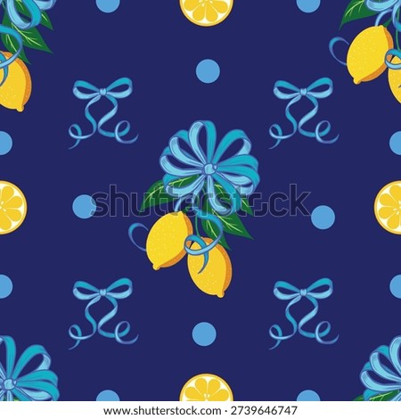 Lemons on branches with leaves and blue bows vector seamless pattern. Yellow citrus fruits and polka dots endless Italian summer print for fabric and wallpaper. Mediterranean style.