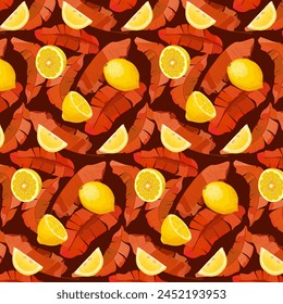 Lemons on red leaves.Vector seamless pattern with whole and cut lemons on a red background with palm leaves.