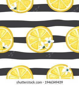 lemons on stirped seamless background. Summer festive pattern. Vector illustration.