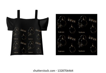 
Lemons on women's t-shirt. Vector print design on black womens t-shirt. Vector linear pattern on the summer women's t-shirt.